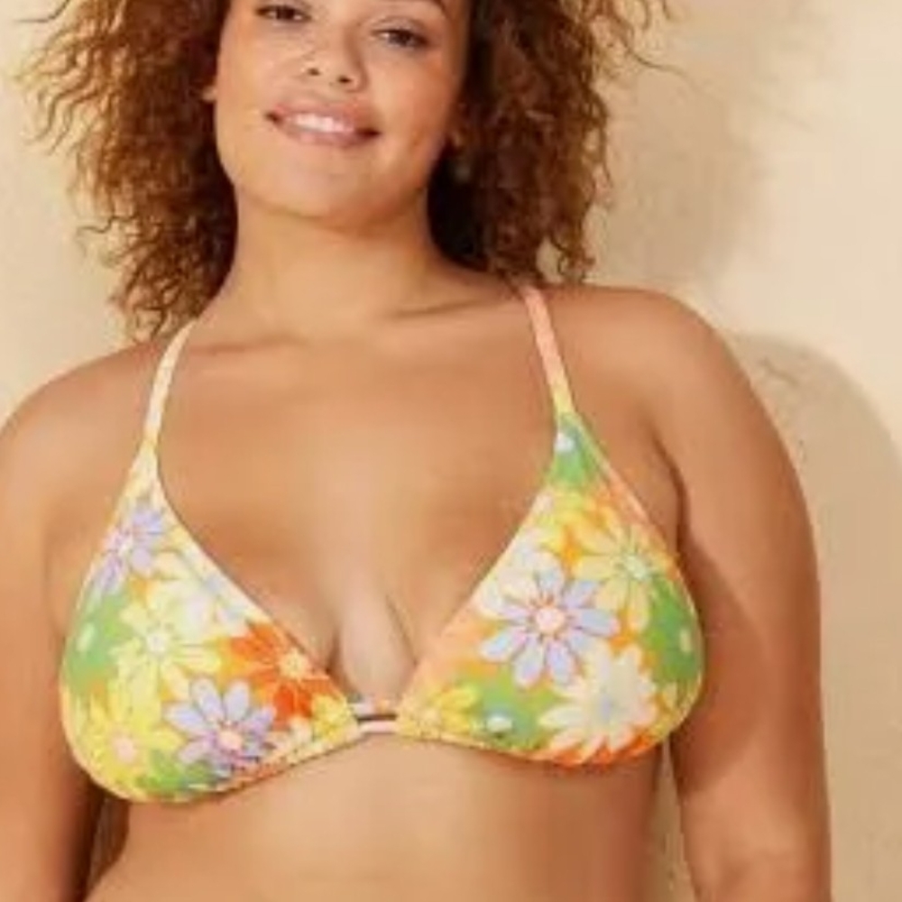 Floral Yellow Orange Blue Green Criss Cross Back Bikini Top